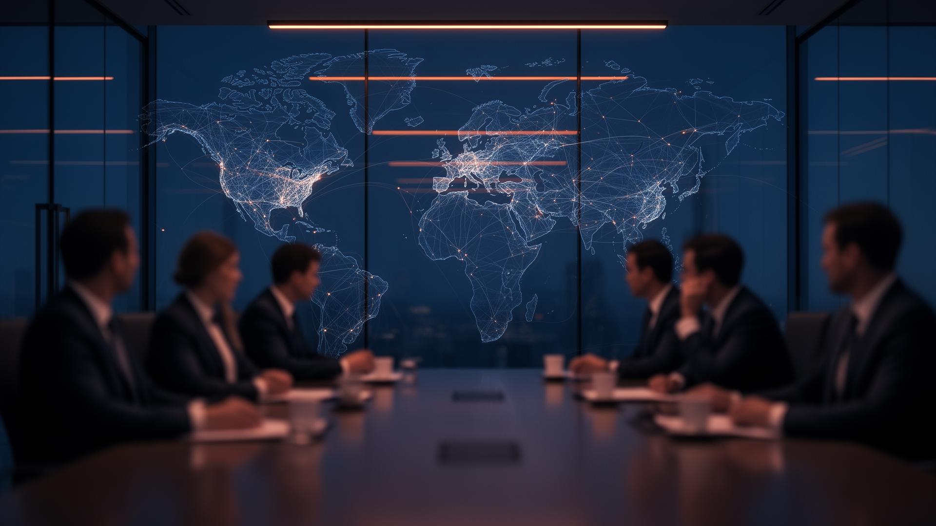 International trade consultancy boardroom with global business map
